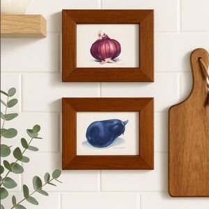 Set of 2 Farmhouse Vintage Style Framed Art Prints – Onion & Eggplant
